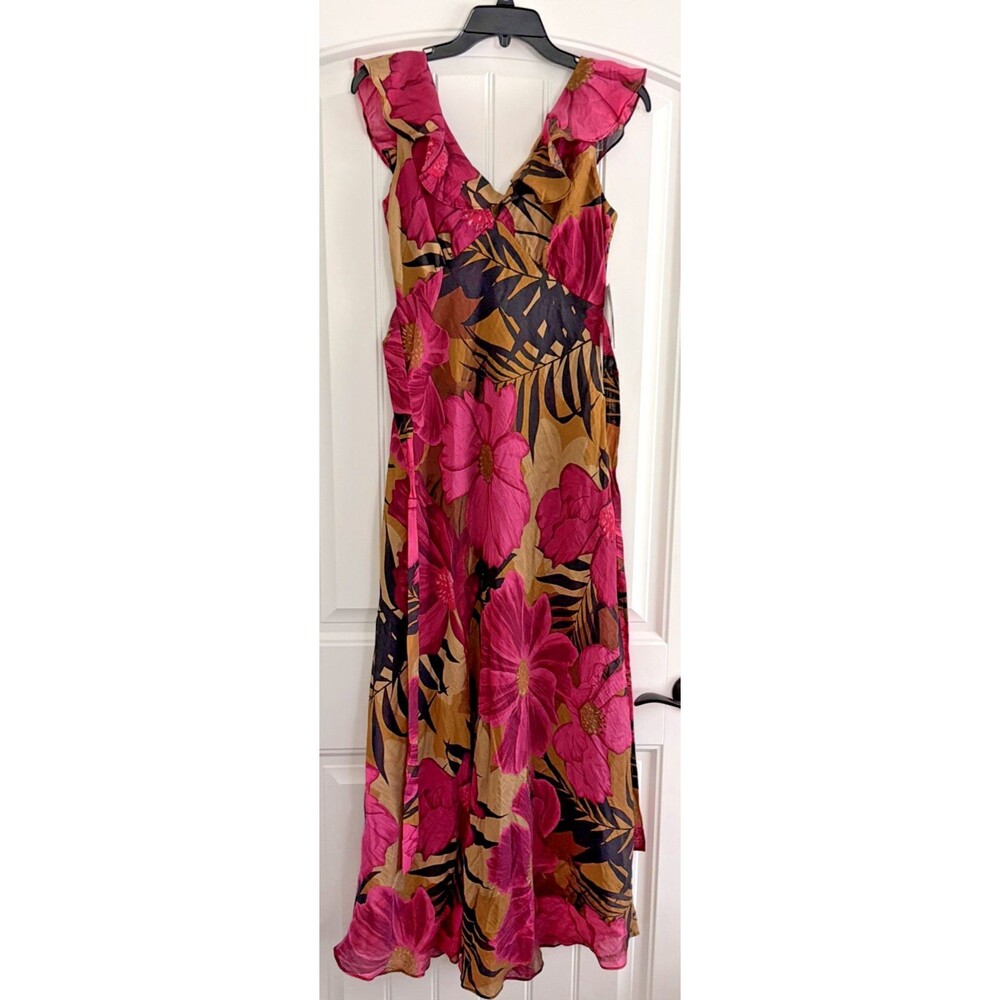 Taylor Women's Ruffled V-Neck Sleeveless A-Line Maxi Dress Taupe Fuchsia Size 2 - Picture 5 of 13